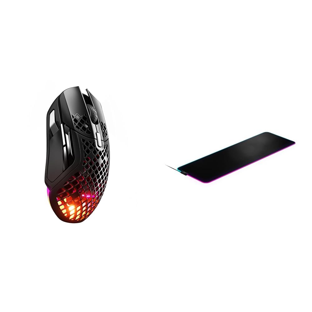 SteelSeries Aerox 5 Wireless - Souris Gaming perforée RGB - Design Ultra-léger et étanche & Tapis de Souris de Jeu en Tissu QcK Prism - Éclairage RGB à 2 Zones