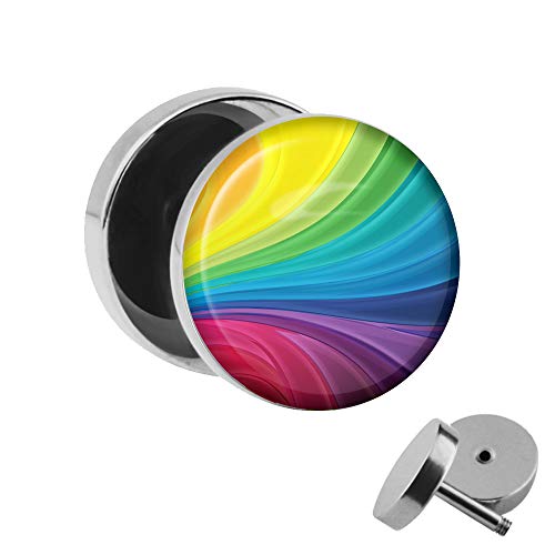 Treuheld | Ohrstecker zum Schrauben - bunter REGENBOGEN - Motiv Fake-Plug Ø 10mm Silber - Edel-Stahl Ohr-Ringe - Chirurgen-Stahl 316L Fake-Tunnel - Gewinde Ohr-Stecker - Raibow - rot, grün, blau, gelb