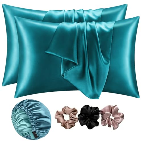 Image of Go Well Bonnet for Curly Hair with Free Satin Pillow Covers and Scrunchies | Silk Bonnet for Hair | Combo of Pack of 2 Satin Pillowcases with 3 Silk Scrunchies Adjustable HairCap (Voilet)