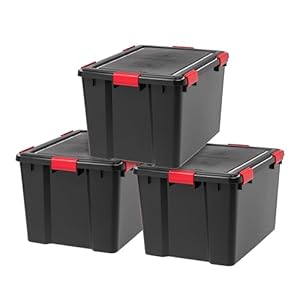 IRIS USA WeatherPro 74 Qt Storage Bins with Lids, 3 Pack, BPA-Free Plastic Gasket Box with Tight Latch and Seal, Stackable Nestable Tote Tub – Black/Red