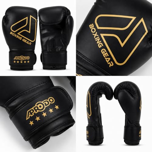 Image of APRODO Beginner Boxing Gloves for Kids & Adults - Men & Women Training, Sparring & Heavy Bag Gloves - Durable PU Leather with Wrist Support (Black /Gold, 6 OZ)