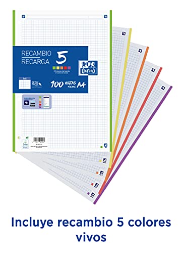 Oxford, Archivador 4 anillas con recambio y goma, Tapa Extradura A4 + con Recambio 100 Hojas Cuadrícula 5x5 y Pizarra Extraíble, Color Negro + Separadores Strongline de 10 Posiciones, tamaño a4