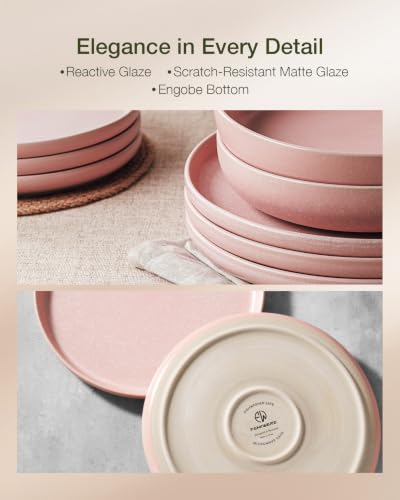 Image of Famiware Milkyway Plates and Bowls Sets, 12 Pieces Dinnerware Sets, Reactive Glaze Dish Set, Stoneware Dishes Set for 4, Light Pink