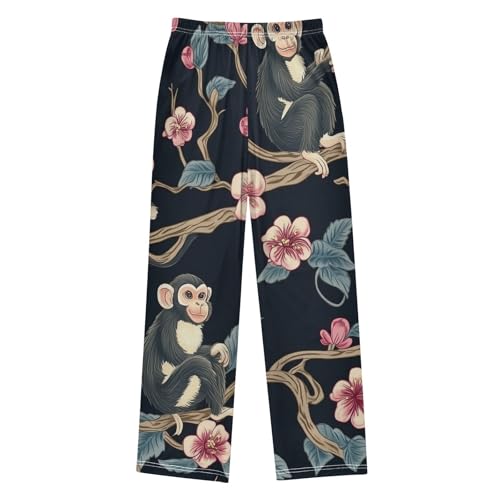 Monkey Plum Flowers Boys Long Pants Soft Trousers Elastic Waist Kids Lounge Bottoms with Pockets S-XL2