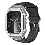 AMAUPCKCA Luxury Metal Modification Kit For Apple Watch Series 9 8 7 45mm 6 5 4 SE 44mm Rubber Band IWatch Refit Mod Kit Bezel Case Band(Black Silver,45mm)