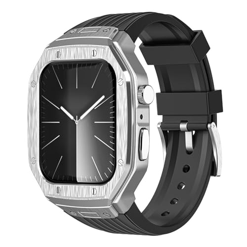 AMAUPCKCA Luxury Metal Modification Kit For Apple Watch Series 9 8 7 45mm 6 5 4 SE 44mm Rubber Band IWatch Refit Mod Kit Bezel Case Band(Black Silver,45mm)