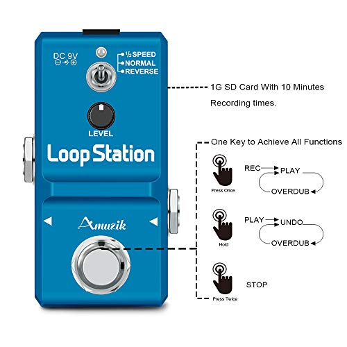 Amuzik Guitar Looper Station Loop Effects Pedals Unlimited Overdubs 10 Minutes Of Looping, 1/2 Time, And Reverse,3 Modes Built-In Sd Card For Memory #TOP3