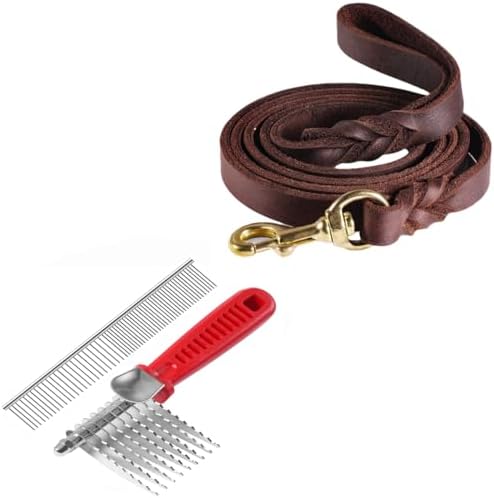 QUMY Leather Dog Leash and Dog Grooming Comb Set