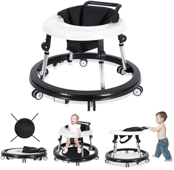 Baby Walker Foldable with 9 Adjustable Heights, Baby Walkers and Activity Center for Boys Girls Babies 7-18 Months, Baby Walker with Wheels Portable