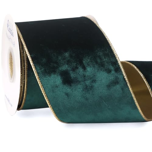 Image of Ribbli Forest Green Velvet Wired Ribbon 4 Inch Metallic Green Gold Crushed Velvet Christmas Ribbon for Gift Wrapping Christmas Tree Decoration Crafts Wreaths Supplies-Continuous 10 Yards