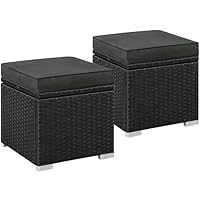 Yaheetech 2 STK. Rattan Hocker mit Abnehmbarem Kissen & Stauraum, Wetterfest Sitzhocker Gartenhocker Fußhocker Flache Rattanoptik für Outdoor Garten Terrasse, Schwarz & Grau