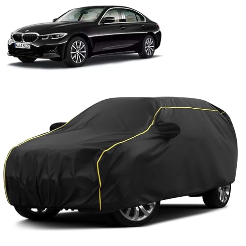 Image of Sulfar 100% Water Resistant Car Body Cover Compatible with Mirror for BMW 320D (Triple Stitched, Full Bottom Elastic, Black Taffeta with Yellow Piping)