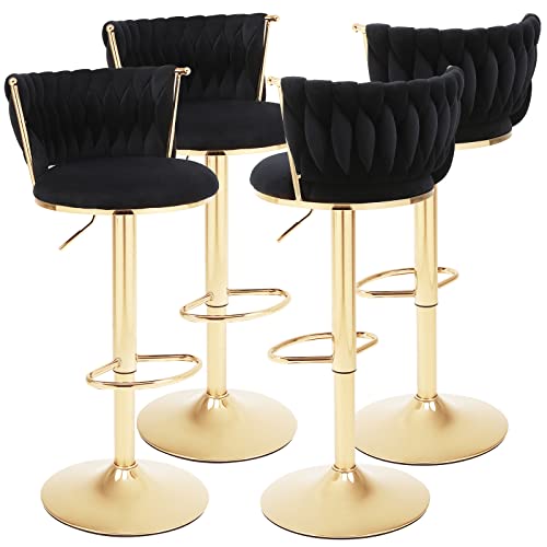 Oduwa Velvet Barstool Set Of 4,Woven 360° Swivel Counter Height Bar Stools With Gold Metal Legs,Modern Adjustable Dining Kitchen Pub Accent Chair With Back And Footrest Counter Height Dining Chairs #TOP24