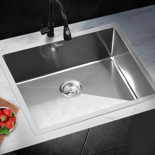 Welba Kitchen Sink 45 x 60 x 20.5cm Stainless Steel Sink with Waste Strainer Laundry Sink with X-Shaped Groove Design Bathroom Home Basin, Sliver