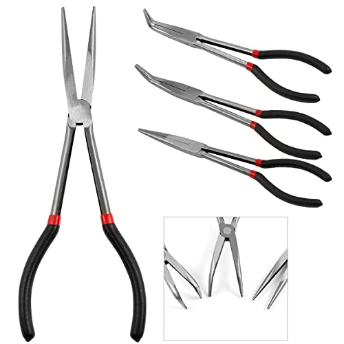 3/5Pcs Long Needle Nose Pliers Set, 11 Inches Carbon Steel Long Reach Pliers Non-Slip Straight Pliers 25°/45°/90° Bent Nose Pliers O-Shaped Circle Pliers For Machinist Engineer Narrow Spaces (3 Pcs) #TOP4