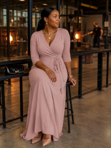 Image of PinkPatty Women's Plus Size V Neck 3 /4 Sleeve Boho Maxi Dress with Pockets