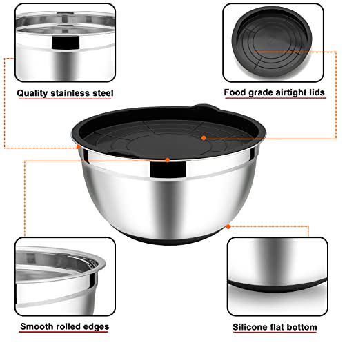 Homikit Mixing Bowls With Lids Set Of 5, Stainless Steel Black Nesting Bowl For Kitchen, Metal Large Serving Bowls With Grader Airtight Lid/Silicone Bottom, Size 7, 3.5, 2, 1.5, 1Qt, Measuring Mark #TOP2