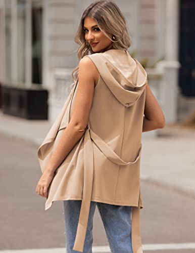 Grabsa Long Vest For Women Sleeveless Cardigan Vest Open Front Duster Cardigans Asymmetrical Jacket With Belt Light Khaki Large #TOP1