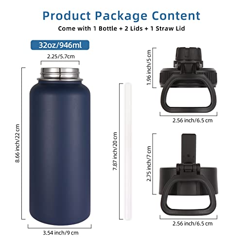 Image of Volhoply 32 oz Insulated Water Bottles Bulk 2 Pack with Straw Lid & Spout Lid,Stainless Steel Sports Water Bottle,Double Wall Vacuum Cups,Leakproof Wide Mouth Metal Flask for Travel(Navy,2)