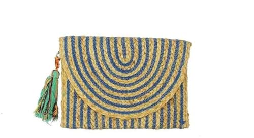 Pochette en paille tissée main sac de plage bohème rayé bleu et naturel