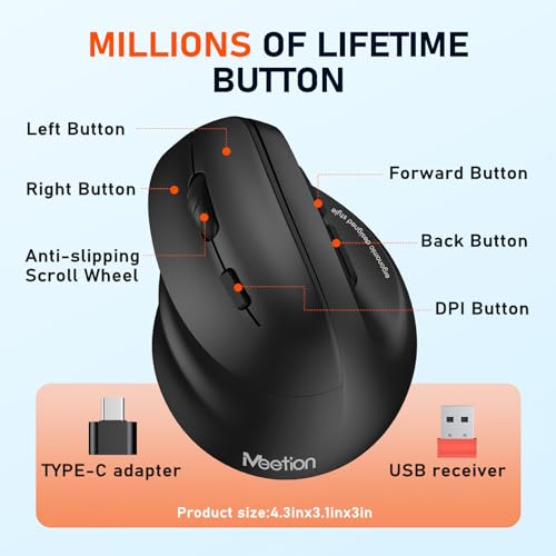 MEETION Left-Handed Ergonomic Mouse,Vertical RGB Mouse, Bluetooth 5.2 & 3.0 + 2.4G USB-A with USB-C Adapter, 4 Adjustable DPI Rechargeable Wireless Mouse for Windows/Mac/PC/Tablet/Black - Image 6