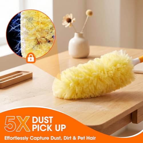 60 Count Heavy Duty Duster Refills for Swiffer,1 Short Handle+3 FT Extendable Handle,Multisurface 360 Dusters kit，Microfibre Dusters for Cleaning Home,Ceiling Fans, Blinds, Corners (1, Yellow) by Kiramikan - Used condition - Image 4