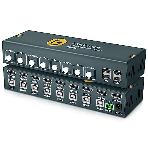 HDMI KVM Switch 8 Port, 4K@30Hz KVM Switch 8 Computers Share 1 Monitor and Keyboard & Mouse, with USB 2.0 Ports, Support Button Switch & Hotkey Switch & RS232, Adaptive EDID, Plug and Play