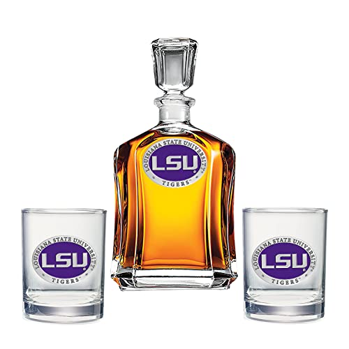 LSU Decanter with 2 Glasses Combination Set | 24 OZ Pourer with 2 Double Old-Fashioned Glasses | Expertly Crafted Pewter Glass by Heritage Pewter