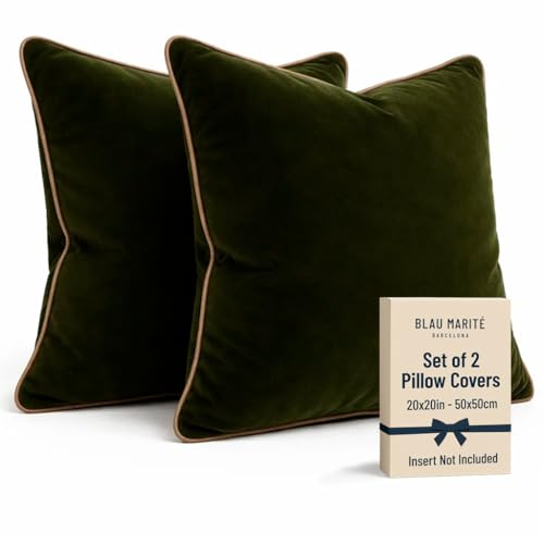 Blau Marit 2 Pack Polyester Decorative Throw Pillow Covers 20x20 Green and Camel Solid Modern Contrast Piping Indoor Use Bedroom & Living Room