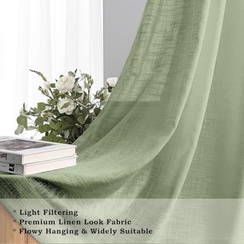 Image of THE LINEN COMPANY Cotton Linen Sheer Window Curtain with Twist Tab, Light Filtering Linen Textured Curtain for Living Room, Bedroom & Office, 2 Piece, Avocado Green, 4 FT x 4.5 FT