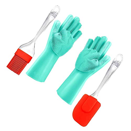 SuHaSy Silicone Bakeware Set | 2-Pack Combo | 1 Set Silicone Spatula Brush Set, 1 Set Magic Washing Gloves/Reusable Silicone Dish Scrubber/Kitchen Gloves (Best Kitchen Combo, Random Colors)