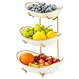 HOMKULA 3 Tier Ceramic Fruit Bowl for Kitchen Counter, Tiered Fruit Basket for Countertop, Modern Multi Layer Fruit Display Stand for Party, Cute & Small (Gold-rimmed)