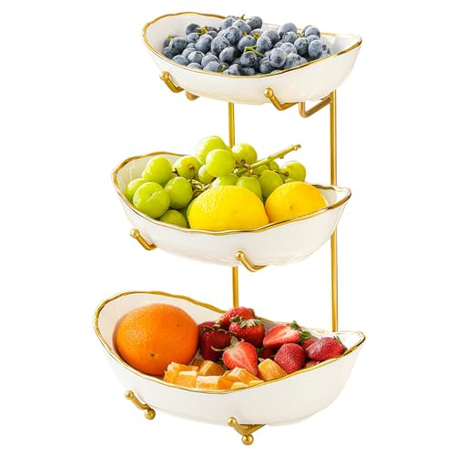 HOMKULA Ceramic Fruit Bowl for Kitchen Counter - 3 Tier Fruit Basket with Metal Stand Tiered Fruit Stand for Countertop Snack Nuts Cake Dessert Cute (Gold-rimmed Small)