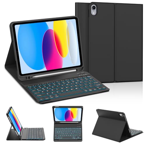 [新開発]KVAGO ipad A16 11世代/ 第10世代 超軽量 US英語配列キーボード ケース 7色バックライト 脱着式 Bluetoothキーボード 11インチ/10.9インチ 対応 脱着式 ペン収納 全面保護 Type-C充電式 オートスリープ機能 耐衝撃 多角度調整 傷つけ防止 耐久性 日本語説明書付き ブラック