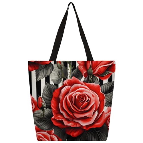 Striped Rose Flower Large Capacity Canvas Tote Bag Stylish Handheld Shoulder Bag Reusable Shopping Bag for Work Travel Beach Trips Shopping