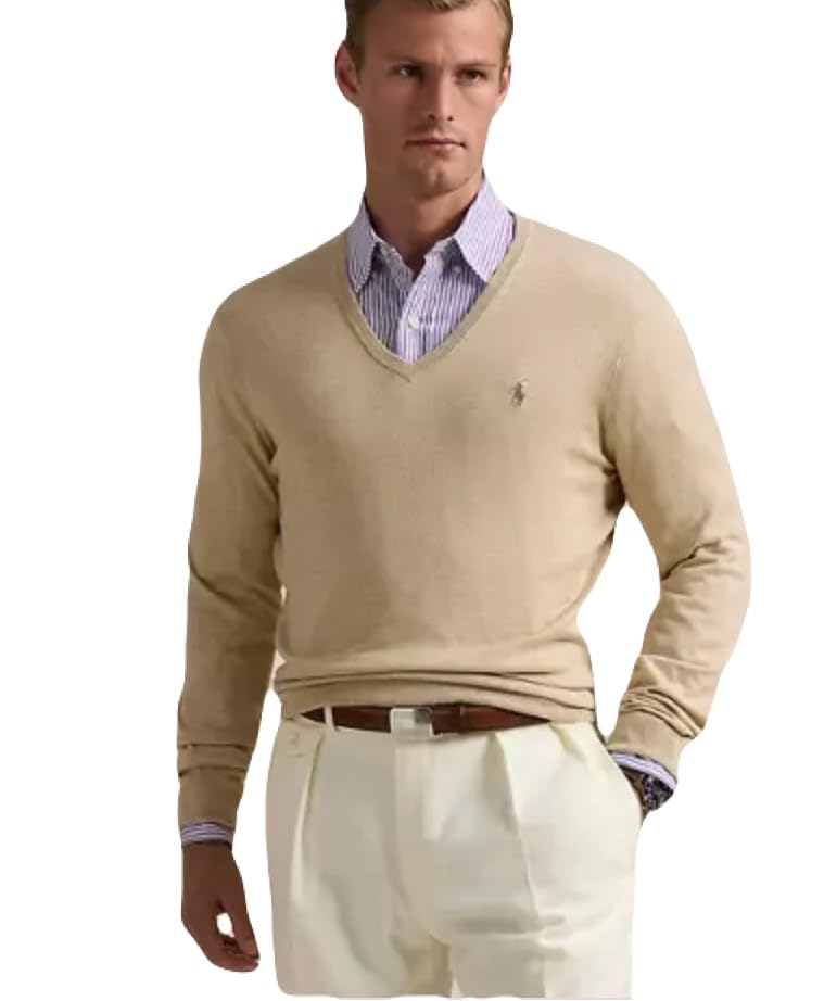POLO RALPH LAUREN Mens Cotton v-Neck Sweater tan x-Large