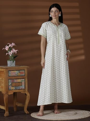 Image of 9shines Label Stylish Chikankari Cotton Nighty Maxi for Women | Full Length Nightgown | Nightdress with Pocket | Embroidery Nighty | Soft Comfortable Cotton Nightwear (1545)