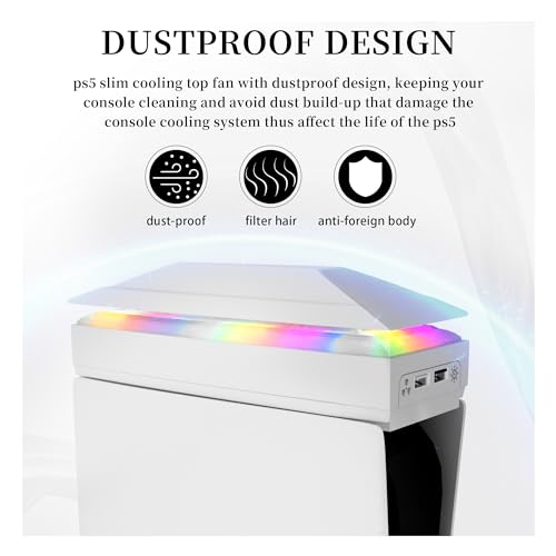 Image of JDGPOKOO Dustproof PS5 Slim Cooling Fan with 8 Modes Light, Upgraded Quiet Fan Compatible with Playstation 5 Slim Console(Digital /Disc) Accessories, Cooler Fan with 3 Adjustable Speed, 2 USB Ports