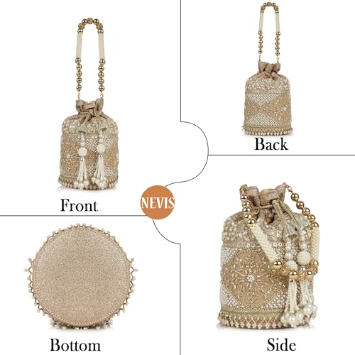 Image of Nevis Silk Fabric Luxury Pearl Embroidered Potli Bag for Women | Bridal Ethnic Drawstring Clutch with Beaded Handle Wedding | Potli Bag