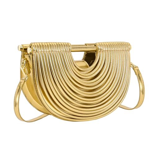 Ophlid Half-Moon Clutch Purse for Women Wedding Woven Evening Shoulder Bag Top Handle Gold Party Prom Handbag Gold