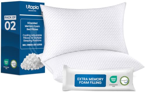 Utopia Bedding Shredded Memory Foam Pillows (Queen) 2 Pack with Washable Cover