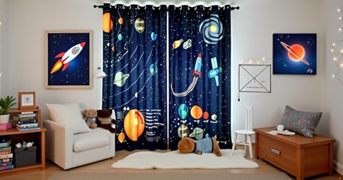 Image of Space Theme Grommet Opaque Curtains For Kids Room Planets Parde 4X7 Feet Set Of 2, Door Size Curtain,Multicolour
