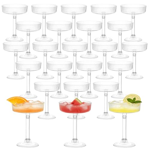 Rainmae 24 Pack Plastic Martini Glasses 140ml Clear Reusable Cocktail Glasses with Detachable Base One-Step Assemble Champagne Cups for Party Wedding Bar & Holidays