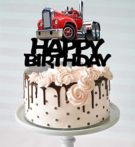 Heavy Truck Cake Topper Black Acrylic Transportation Theme Birthday Supplies, Heavy Truck Happy Birthday Cake Topper For Kid's Boy's Men' Birthday Party Decorations（Red） #TOP5