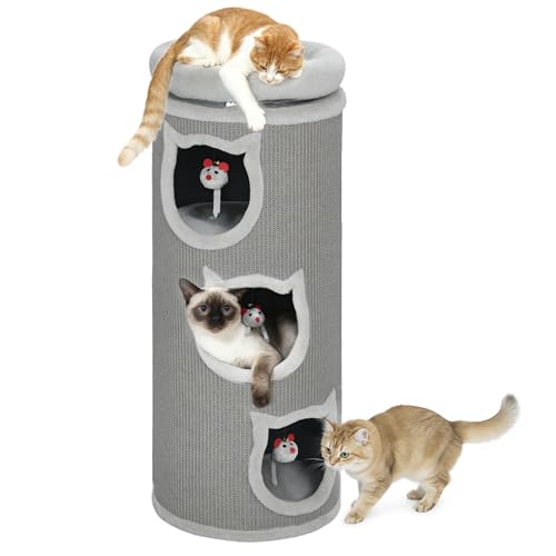 PawHut Kratztonne 96 cm Hoch Ø 38 cm dreistöckige Katzentonne mit Plüschrand, abnehmbarem und waschbarem Plüschbett, Katzenhöhle, Kratzbaum für Katzen unter 6 kg, Grau