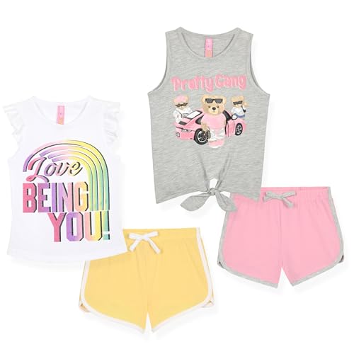 Image of Dreamstar Girls 4 Piece Outfit Set - Sleeveless Graphic Top with Dolphin Shorts, Cute Summer Matching Set for Kids and Tweens