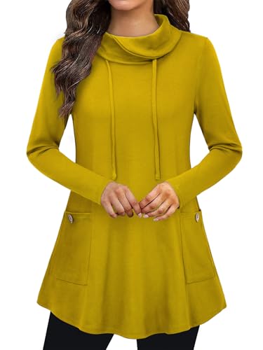 Image of Bulotus Womens Sweaters Winter 2025 Cowl Neck Asymmetrical Long Tunics for Leggings Vacation Travel Tops with Pockets