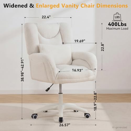 Image of FOXHUNTER Vanity Chair with Wheels Comfy Home Office Desk Chairs with Pillow, 360 Swivel,Adjustable Height Makeup Vanity Chairs for Living Room, Bedroom(Teddy, White-Upgraded Oversized)
