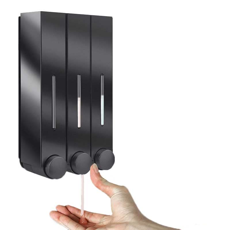 Omabeta Dispensador de jabón líquido para Ducha de Montaje en Pared, dispensador de jabón Tipo Prensa de Tres Cabezales, dispensadores de champú para baño de Hotel(Negro)