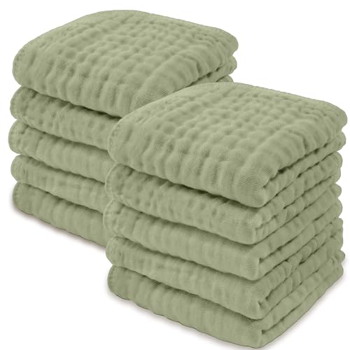 Image of Comfy Cubs Muslin Baby Washcloths 10 Pack - Soft 6-Layer Cotton Wash Cloths for Sensitive Skin - 10"x10" Large, Gentle, Absorbent Infant Essentials for Newborn and Toddlers - (Sage)